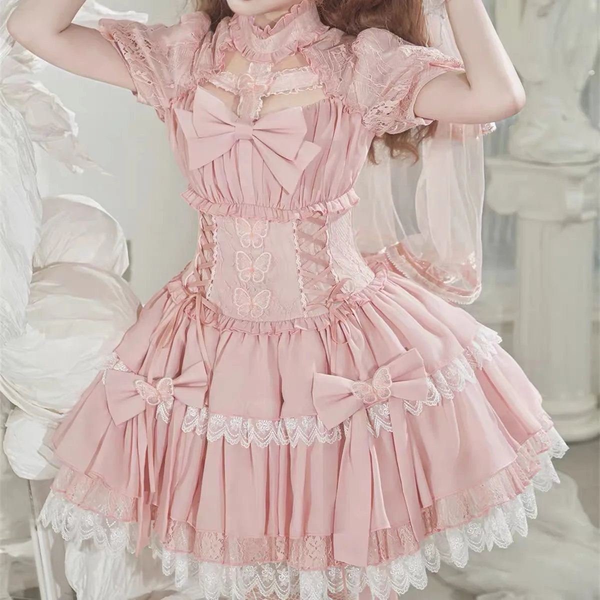 Gothic Sweet Lolita JSK Dress Dollcore Bow Applique Short Sleeve Lace Trim Puff Skirt Black Pink Kawaii Rococo Dress
Gothic Sweet Lolita JSK Dress Dollcore Bow Applique Short Sleeve Lace Trim Puff Skirt Black Pink Kawaii Rococo Dress