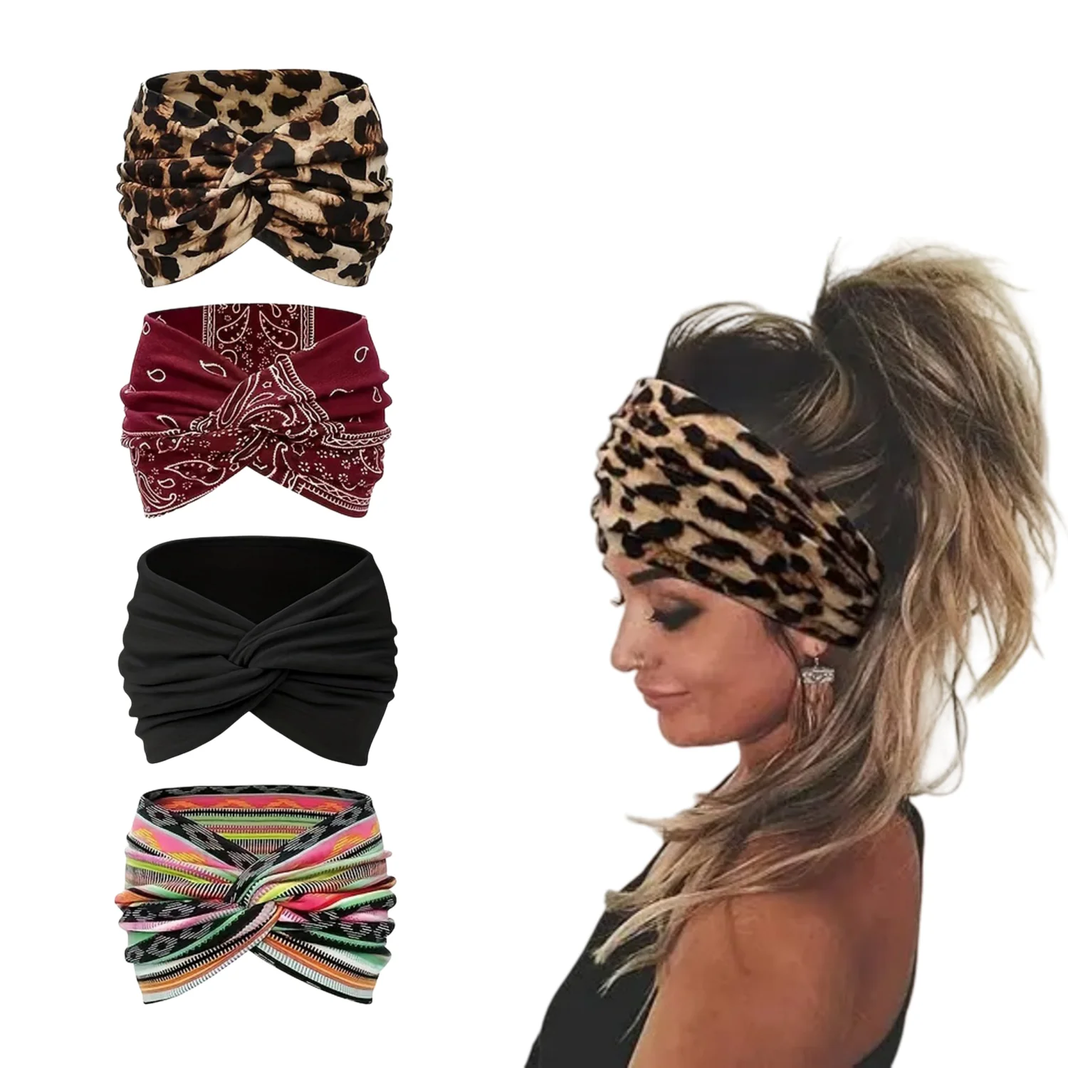 Boho Retro Printed Twist Knotted Wide Headbands 4 Pack, Stretch Non-Slip Sweat Wicking Cross Turban Hair Wraps, Multi-Style Paisley Leopard Hair Accessories for Yoga, Gym, Skincare and Daily Casual Outfits for Women
Boho Retro Printed Twist Knotted Wide Headbands 4 Pack, Stretch Non-Slip Sweat Wicking Cross Turban Hair Wraps, Multi-Style Paisley Leopard Hair Accessories for Yoga, Gym, Skincare and Daily Casual Outfits for Women