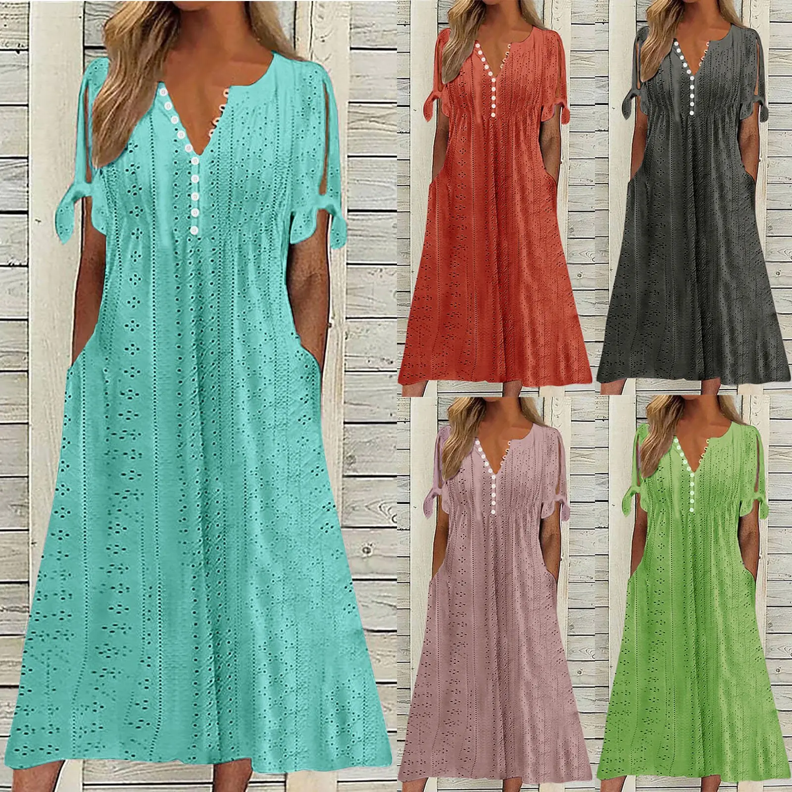 Summer Women's Dress Hollow V-neck Button Bow Sleeve Pullover Solid Color Vacation Fashion Skirt
Summer Women's Dress Hollow V-neck Button Bow Sleeve Pullover Solid Color Vacation Fashion Skirt