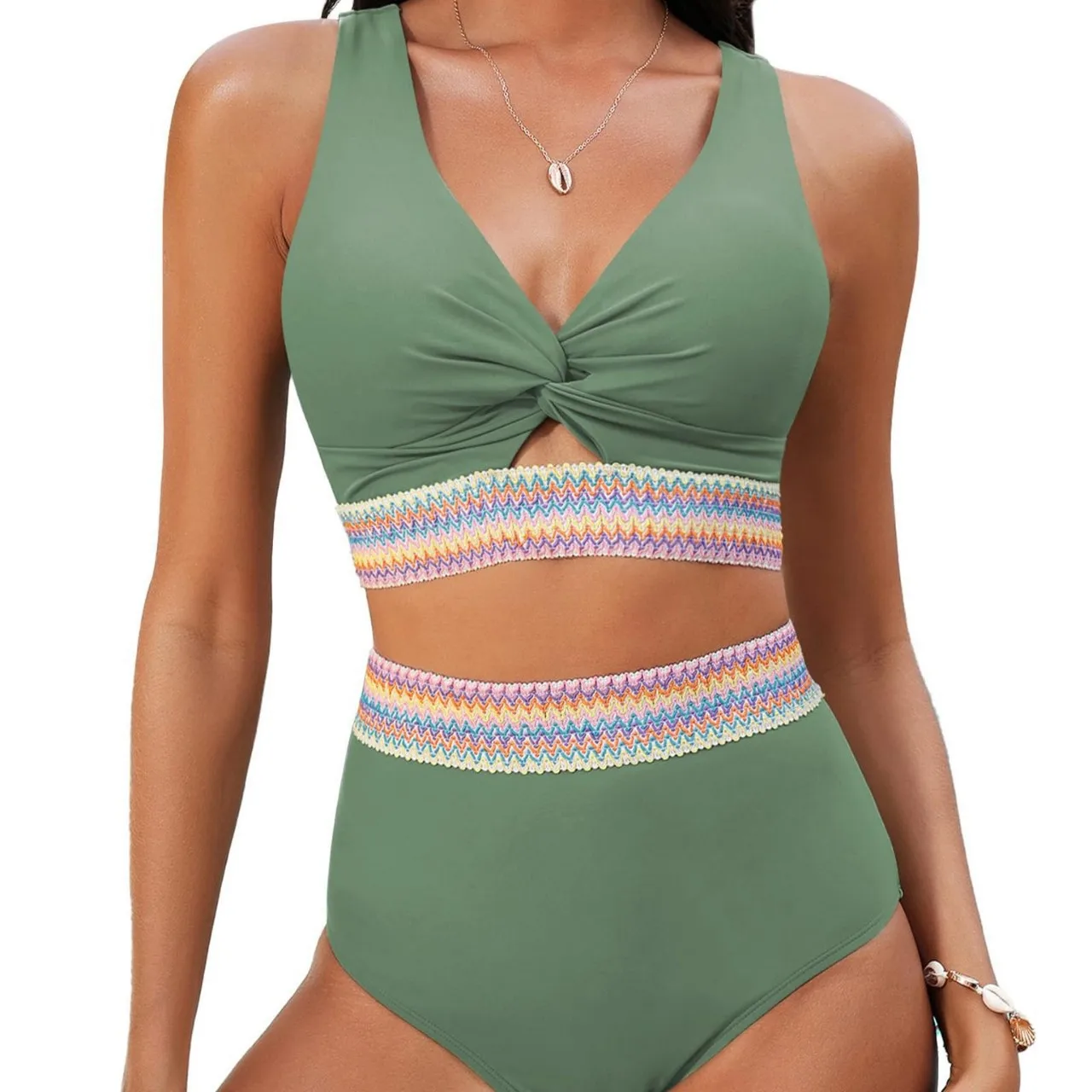 Women 2 Piece High Waisted Bikini Set Front Twist V Neck Crop Tank Top Colorful Wave Embroidery Trim Cheeky Swim Beach Swimsuit
Women 2 Piece High Waisted Bikini Set Front Twist V Neck Crop Tank Top Colorful Wave Embroidery Trim Cheeky Swim Beach Swimsuit