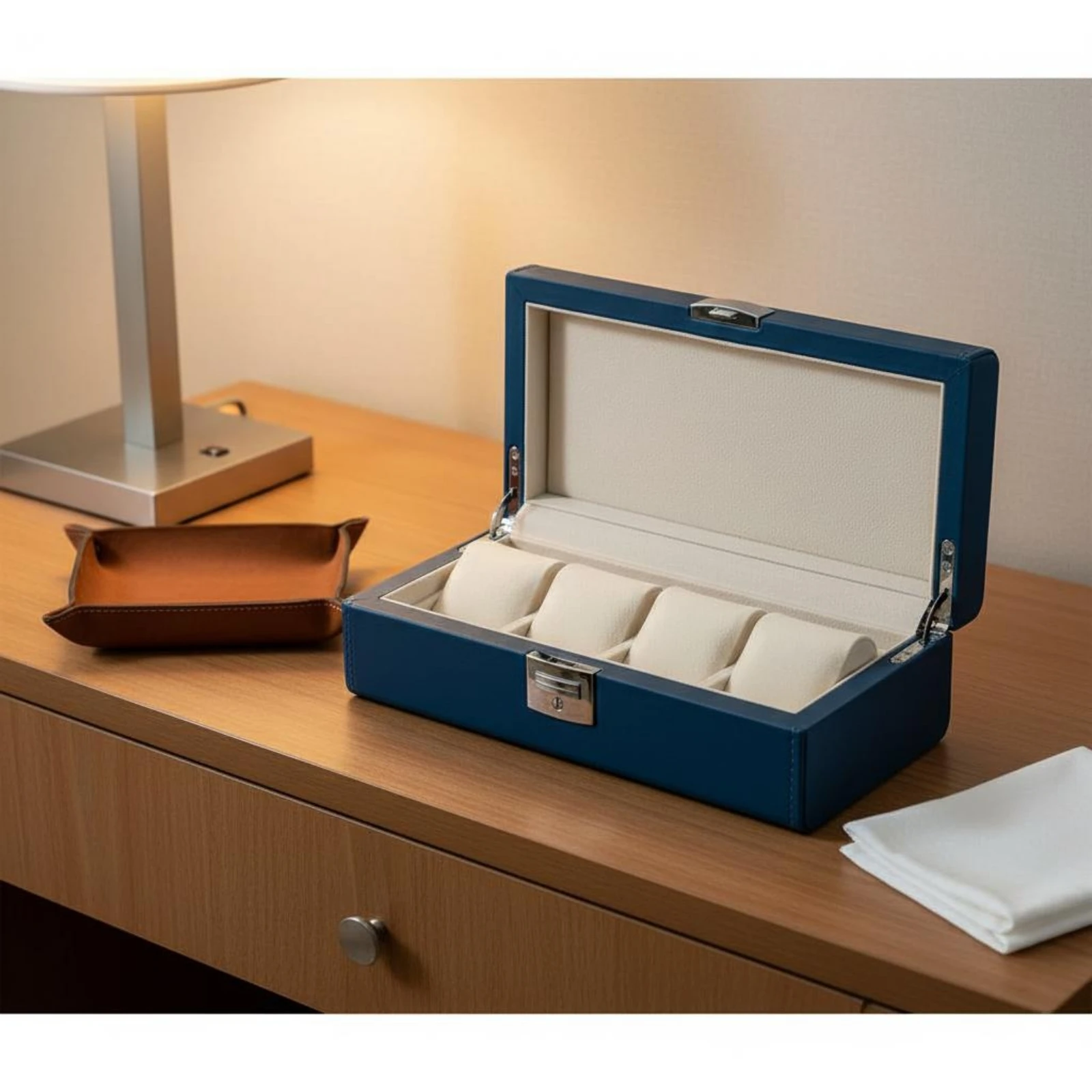 Watch Storage Box 4 Slot Watch Organizer Box Hinged Lid Metal Clasp
Watch Storage Box 4 Slot Watch Organizer Box Hinged Lid Metal Clasp