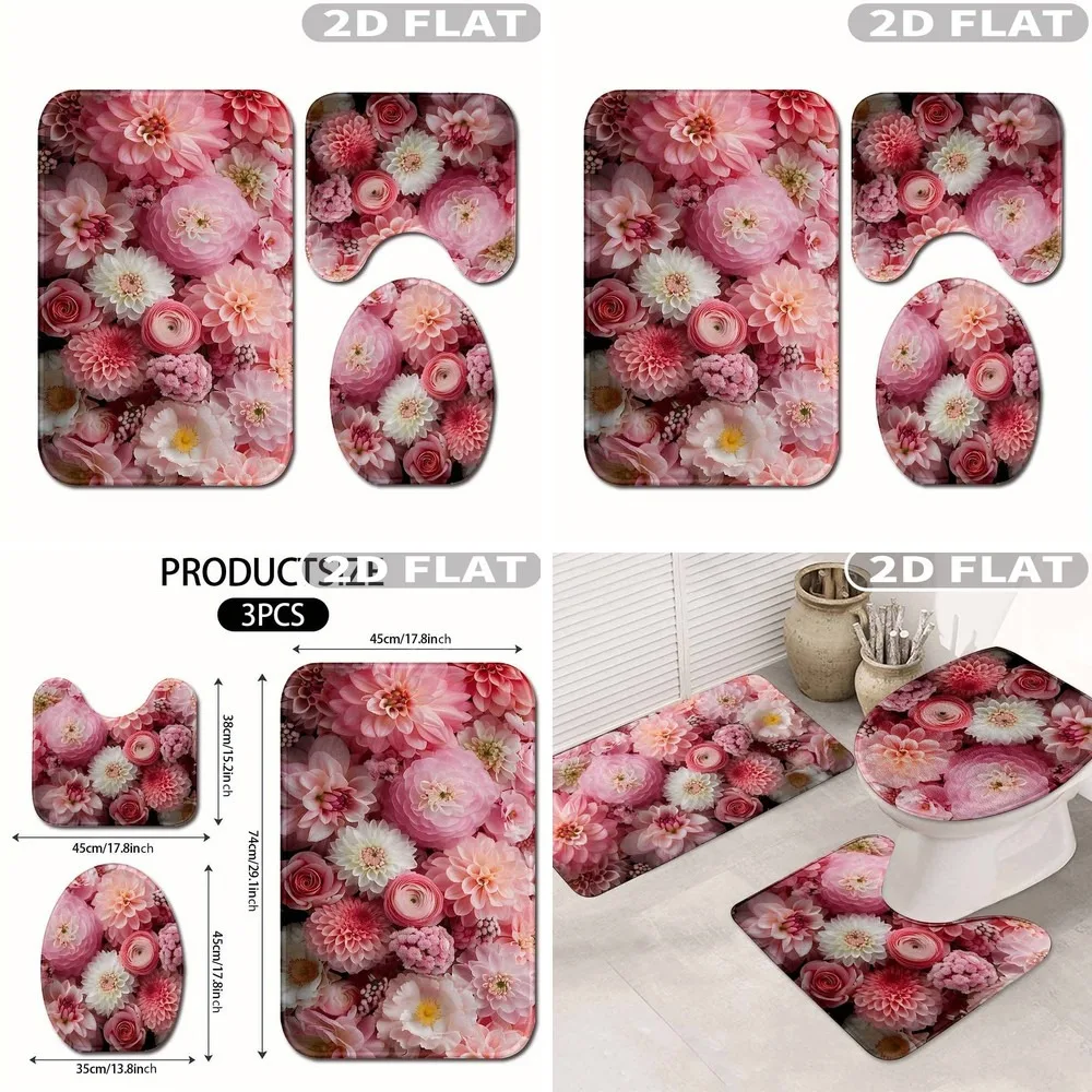 2D Flat 3pcs Pink Floral Bathroom Rug Set with Roses & Dahlias, Non-Slip Washable Bath Mats Set for Bathroom Kitchen Bedroom
2D Flat 3pcs Pink Floral Bathroom Rug Set with Roses & Dahlias, Non-Slip Washable Bath Mats Set for Bathroom Kitchen Bedroom
