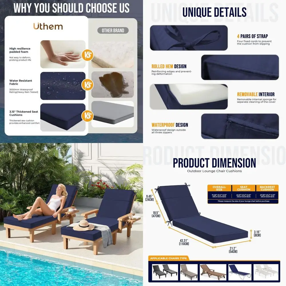 Blue 72x21x3 Outdoor Chaise Lounge Cushion with Removable Cover and Ties, High-Density Foam, Fade Resistant
Blue 72x21x3 Outdoor Chaise Lounge Cushion with Removable Cover and Ties, High-Density Foam, Fade Resistant