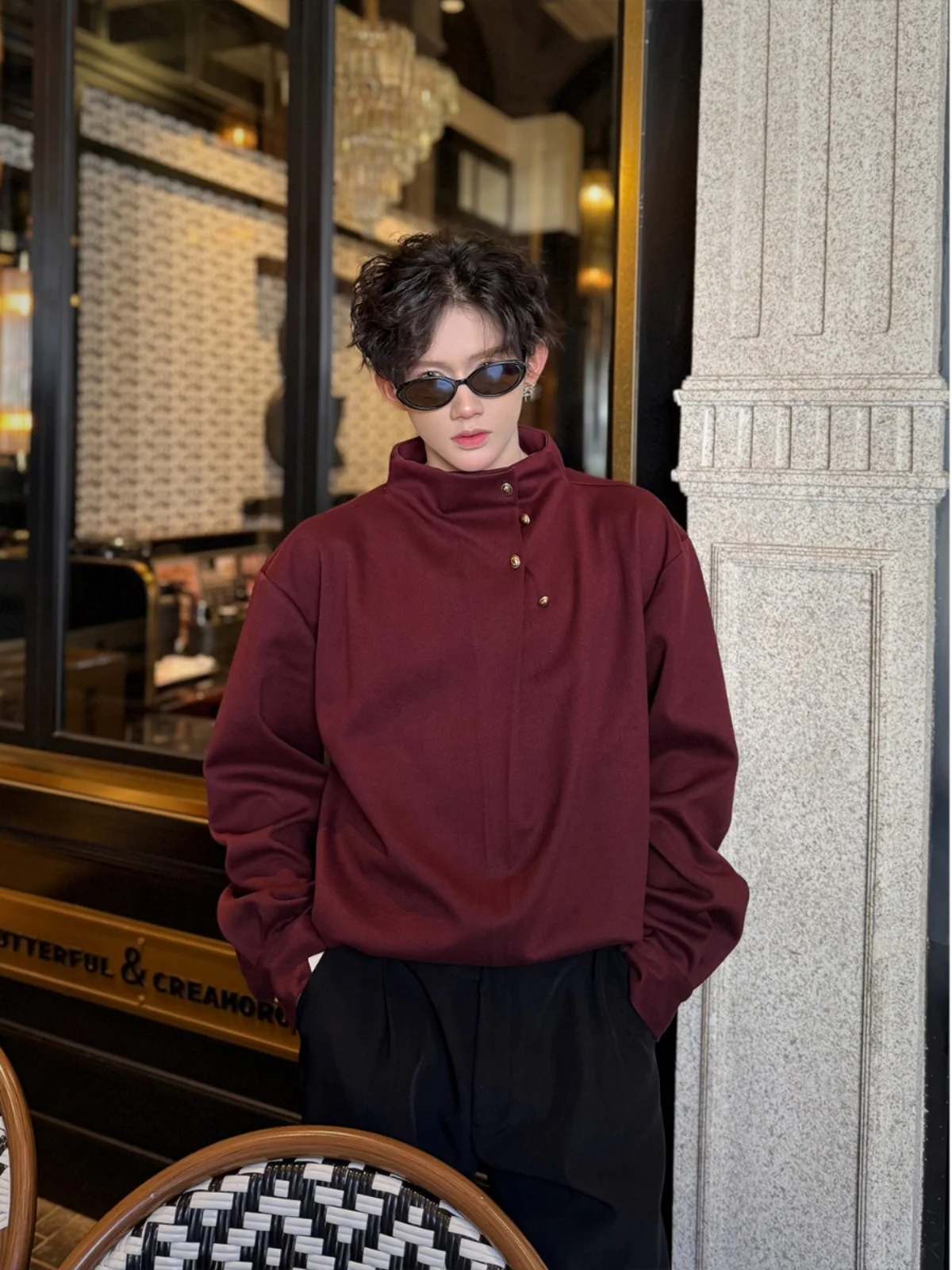 New Chinese Style Red Wine Color Shirt Men's Irregular Button Design High Collar Outerwear Cool Handsome Loose Fit Long Sleeve
New Chinese Style Red Wine Color Shirt Men's Irregular Button Design High Collar Outerwear Cool Handsome Loose Fit Long Sleeve