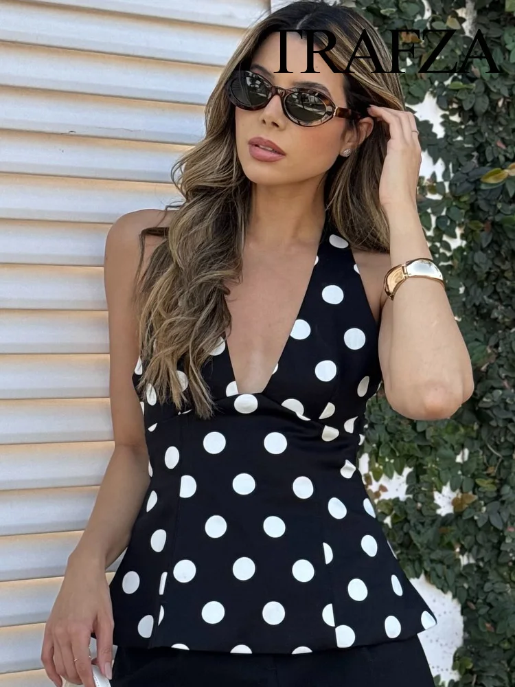 TRAFZA Fashion Woman Black Polka Dot Backless Bow Decoration Neck Halter Summer Vest Tops Women Sleeveless Backless Sexy Tops
TRAFZA Fashion Woman Black Polka Dot Backless Bow Decoration Neck Halter Summer Vest Tops Women Sleeveless Backless Sexy Tops