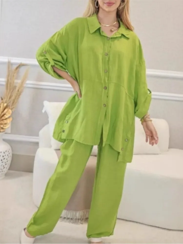 Casual Loose Pants Sets For Women Autumn Long Sleeve Single Breasted Lapel Shirt And Wide-leg Pants Two Piece Set Solid Outfit
Casual Loose Pants Sets For Women Autumn Long Sleeve Single Breasted Lapel Shirt And Wide-leg Pants Two Piece Set Solid Outfit