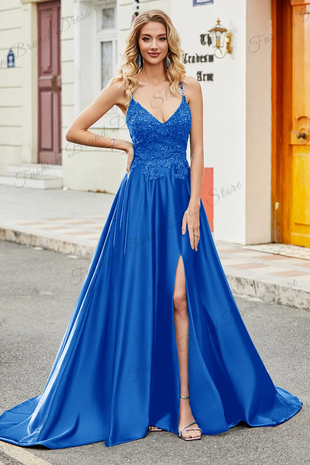 Satin Spaghetti Strap V-Neck Prom Dresses With Split Lace Appliques Sleeveless Ball Gown Sparkly Corset A-line Long Evening Gown
Satin Spaghetti Strap V-Neck Prom Dresses With Split Lace Appliques Sleeveless Ball Gown Sparkly Corset A-line Long Evening Gown