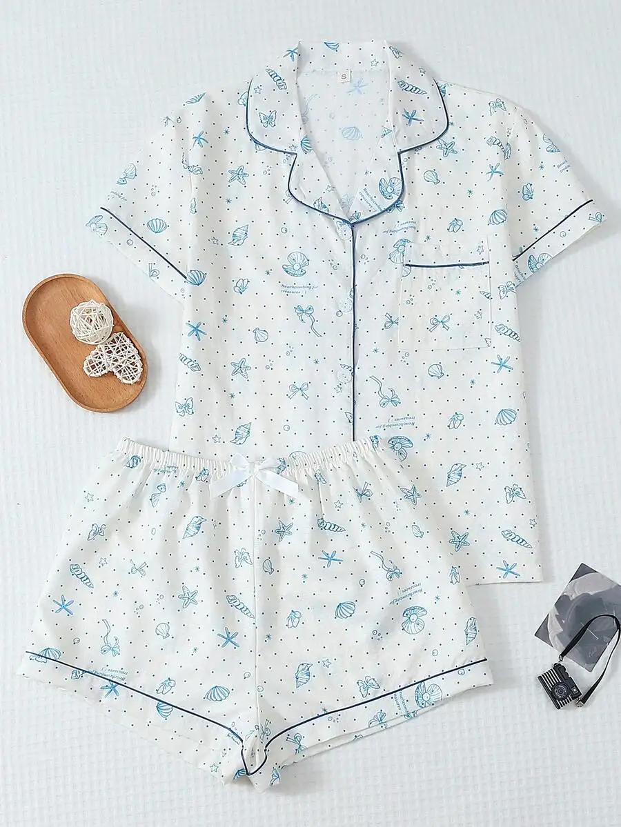 Womens Island Style Polka Dot Shell Print Short Sleeve Collared Pajama Set With Pocket And Bow Shorts
Womens Island Style Polka Dot Shell Print Short Sleeve Collared Pajama Set With Pocket And Bow Shorts