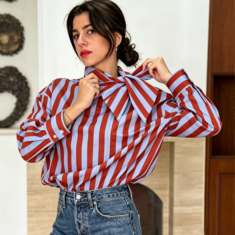 Women's Blouses And Shirts Red Blue Striped Bow Tie Neck Blouse For Women 2026 Spring New Female Chic Retro Office Work Wear Top
Women's Blouses And Shirts Red Blue Striped Bow Tie Neck Blouse For Women 2026 Spring New Female Chic Retro Office Work Wear Top