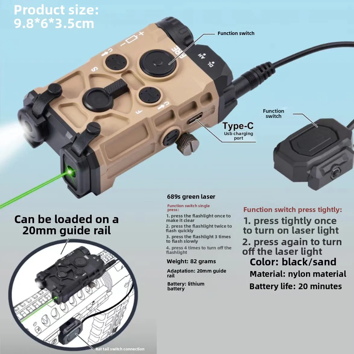 Multi functional tactical laser indicator, gun mounted lighting fixture with mouse tail battery box,green laser sight flashlight
Multi functional tactical laser indicator, gun mounted lighting fixture with mouse tail battery box,green laser sight flashlight