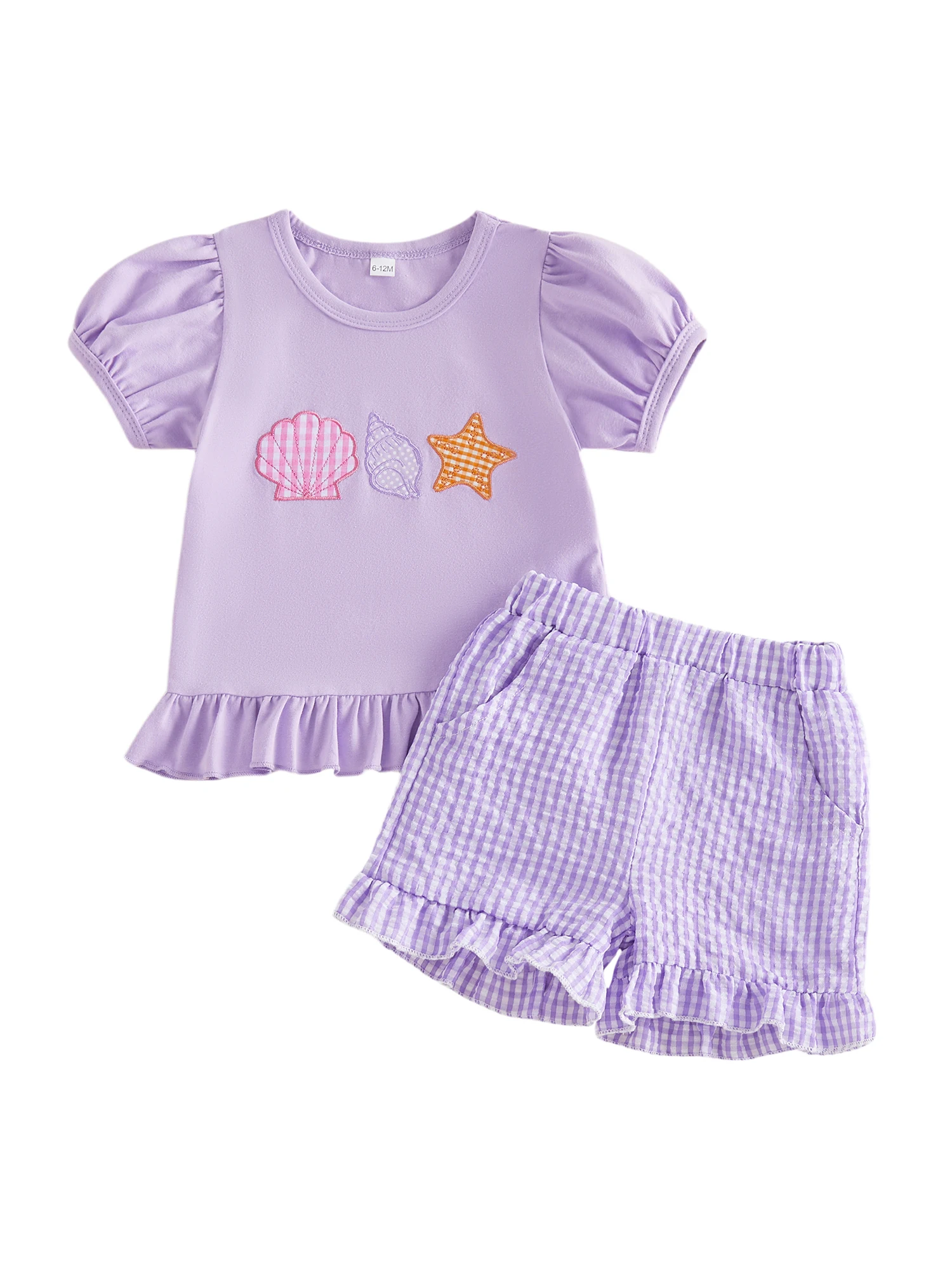 Adorable Infant Girl Beachwear Set with Starfish and Seashell Embroidered Top and Plaid Shorts for Summer Fun
Adorable Infant Girl Beachwear Set with Starfish and Seashell Embroidered Top and Plaid Shorts for Summer Fun