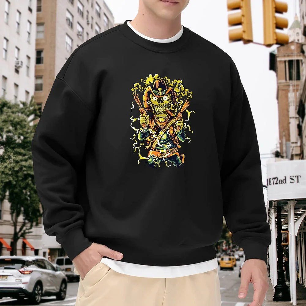 Men's Black Crew Neck Loose Sweatshirt with Western Skull Print, Trendy Top, Street Casual Versatile Style, Comfortable Pullover for Everyday Wear
Men's Black Crew Neck Loose Sweatshirt with Western Skull Print, Trendy Top, Street Casual Versatile Style, Comfortable Pullover for Everyday Wear