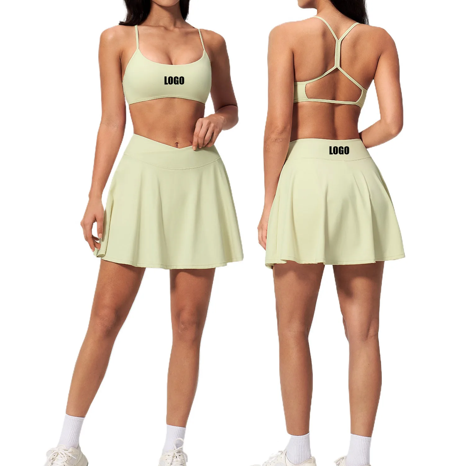 Customized LOGO women's new sports beauty back bra anti-light skirt with pockets running sports quick-drying yoga two-piece set
Customized LOGO women's new sports beauty back bra anti-light skirt with pockets running sports quick-drying yoga two-piece set