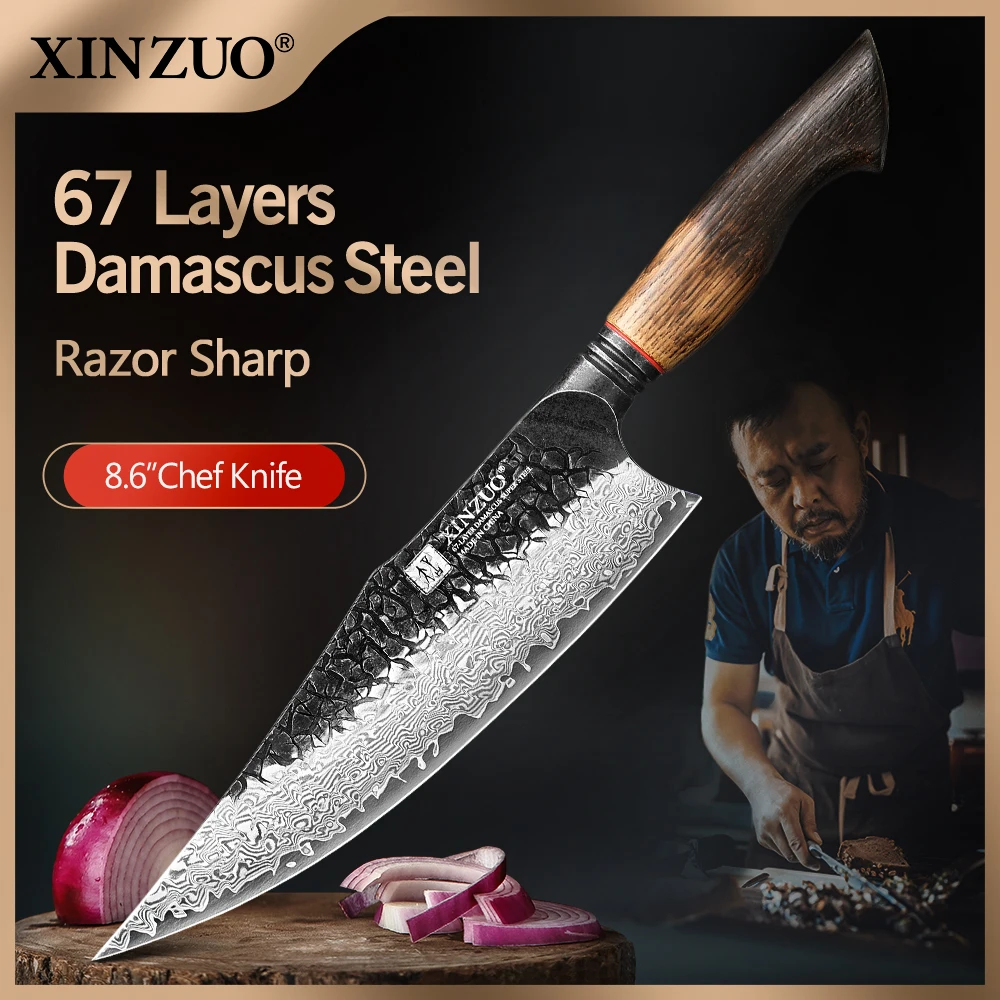 XINZUO 8.6-inch Damascus Chef Knife 67-layer craftsmanship hand forged knife 60±2 HRC hardness high-end gift in elegant box
XINZUO 8.6-inch Damascus Chef Knife 67-layer craftsmanship hand forged knife 60±2 HRC hardness high-end gift in elegant box