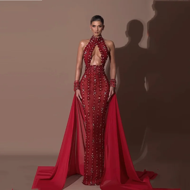 Роскошное вечернее платье с открытыми плечами, темно-красное прозрачное платье для выпускного вечера, расшитое бисером и кристаллами, длинные вечерние платья в Саудовской Аравии, шифоновый плащ
Роскошное вечернее платье с открытыми плечами, темно-красное прозрачное платье для выпускного вечера, расшитое бисером и кристаллами, длинные вечерние платья в Саудовской Аравии, шифоновый плащ