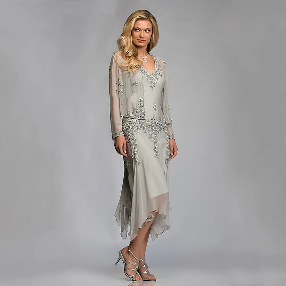 Silver Chiffon Mother of the Bride Groom Dresses with Jackets 2022 for Summer Wedding Party Gowns Tea Length Lace Godmother
Silver Chiffon Mother of the Bride Groom Dresses with Jackets 2022 for Summer Wedding Party Gowns Tea Length Lace Godmother