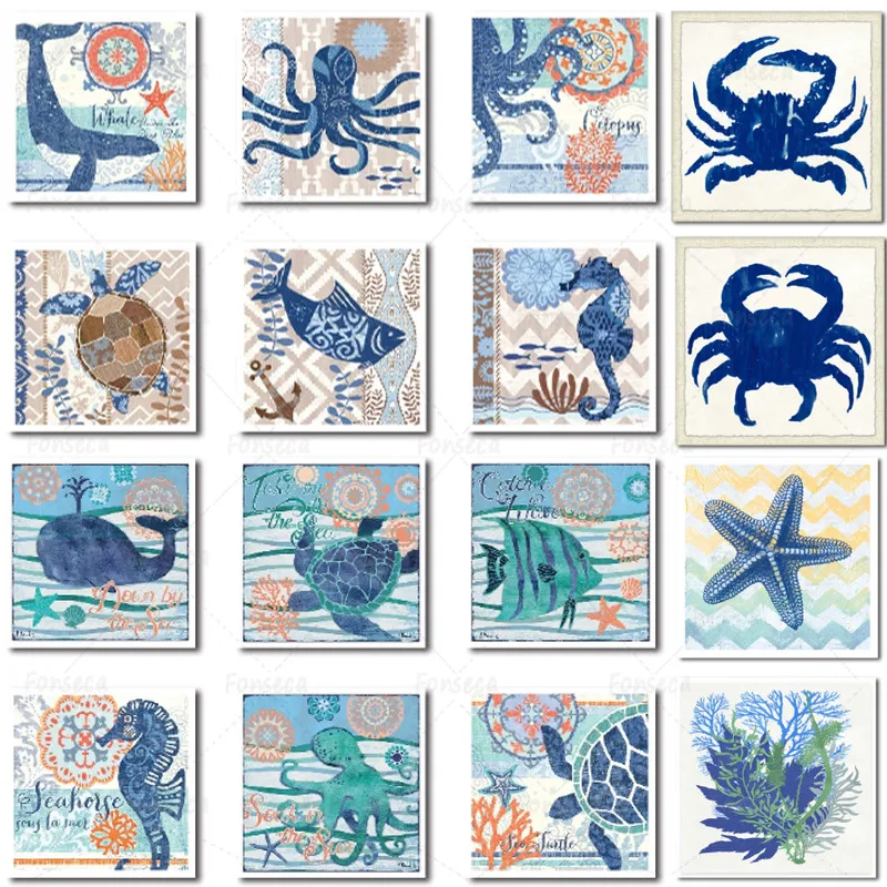 Cartoon Marine Plant Canvas Painting Crab Shell Starfish Turtle Snail Fish Whale Coral Octopus Hippocampus Poster for Kids Room
Cartoon Marine Plant Canvas Painting Crab Shell Starfish Turtle Snail Fish Whale Coral Octopus Hippocampus Poster for Kids Room