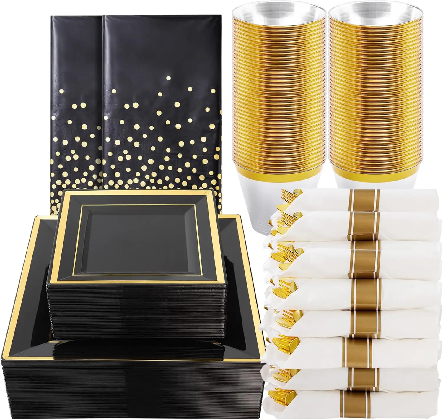 352-Piece Dinnerware Set for 50 Guests - Black Square Plastic Plates with Gold Trim, Includes: 100 Plates, 50 Rolled Napkins
352-Piece Dinnerware Set for 50 Guests - Black Square Plastic Plates with Gold Trim, Includes: 100 Plates, 50 Rolled Napkins