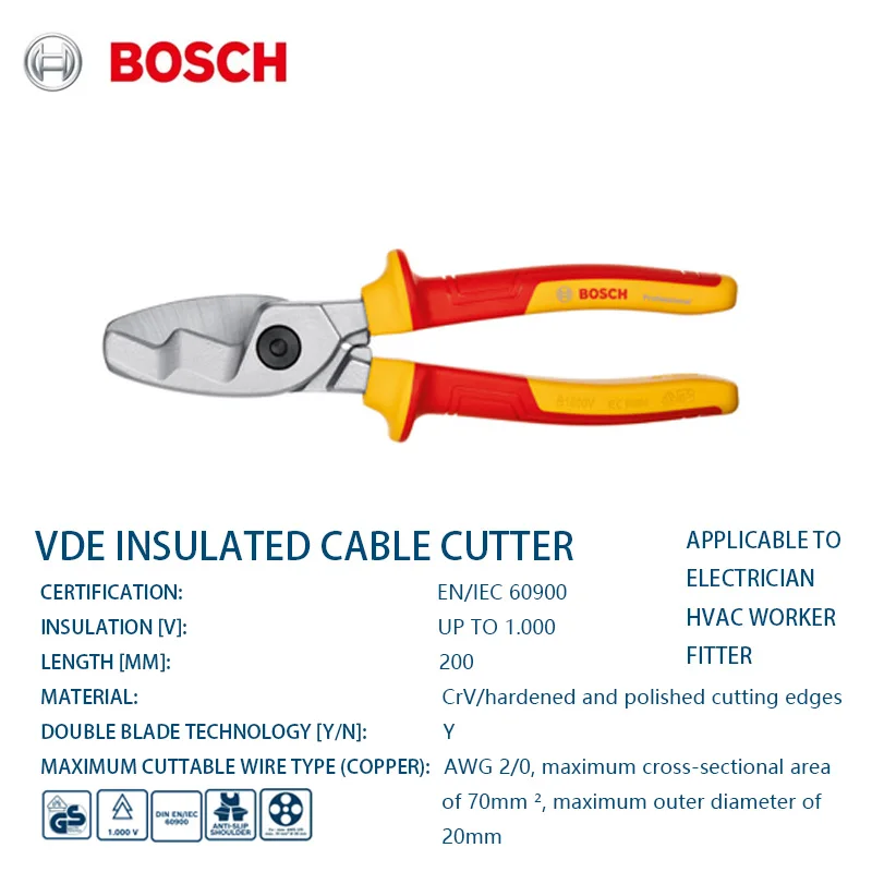 Изолированные плоскогубцы Bosch VDE 1000В, профессиональные электроинструменты, сертифицированные по EN/IEC 60900, плоскогубцы для резки изолированных проводов.
Изолированные плоскогубцы Bosch VDE 1000В, профессиональные электроинструменты, сертифицированные по EN/IEC 60900, плоскогубцы для резки изолированных проводов.