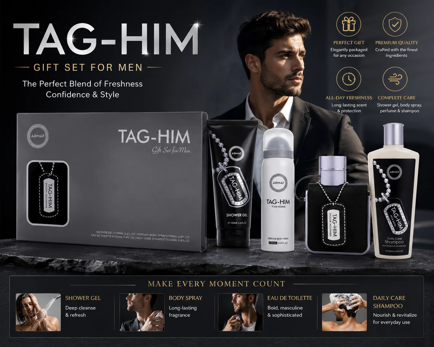 Armaf TAG-HIM Men's Gift Set 5PCS - EDT Cologne Shower Gel Deodorant Shampoo with Pouch - Long Lasting Sport Fragrance Kit
Armaf TAG-HIM Men's Gift Set 5PCS - EDT Cologne Shower Gel Deodorant Shampoo with Pouch - Long Lasting Sport Fragrance Kit