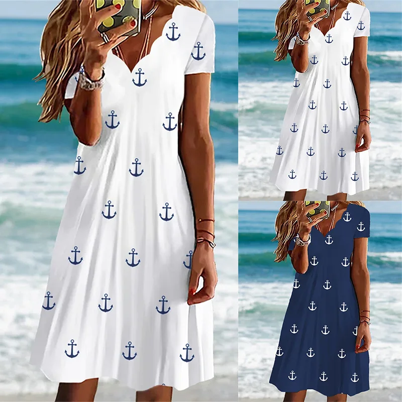 Fashion Fresh Style Summer A-Line Casual Small Boat Medium Stretch Dress Sexy Wave V-Neck Short Sleeve Anchor Print Floral Dress
Fashion Fresh Style Summer A-Line Casual Small Boat Medium Stretch Dress Sexy Wave V-Neck Short Sleeve Anchor Print Floral Dress