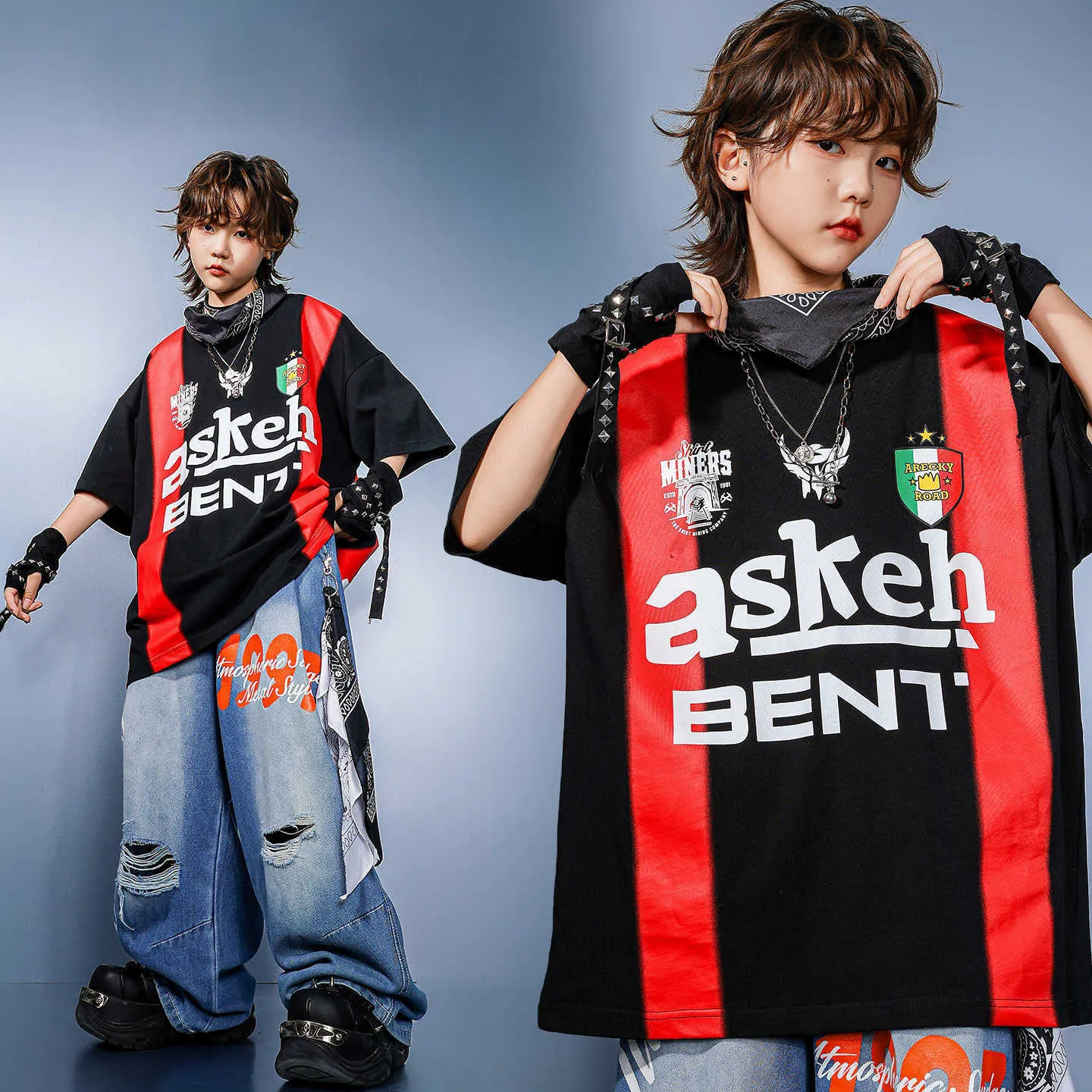 Kid Kpop Hip Hop Clothing Black Red Striped T Shirt Denim Blue Casual Ripped Jeans Pants for Girl Boy Dance Wear Costume Clothes
Kid Kpop Hip Hop Clothing Black Red Striped T Shirt Denim Blue Casual Ripped Jeans Pants for Girl Boy Dance Wear Costume Clothes