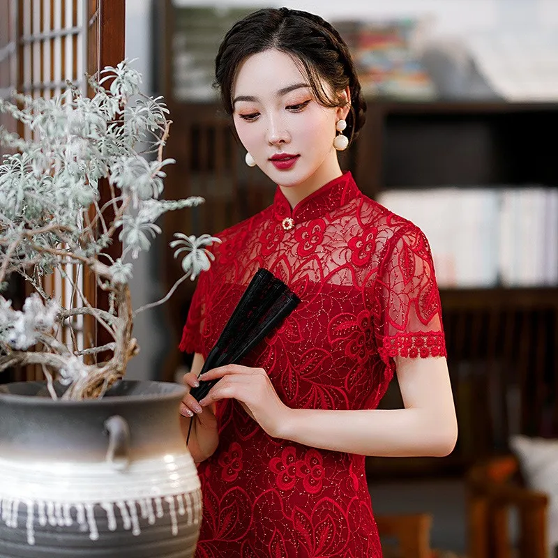 Fashion sequin lace red cheongsam style embroidered evening gown bridal toasted dress
Fashion sequin lace red cheongsam style embroidered evening gown bridal toasted dress