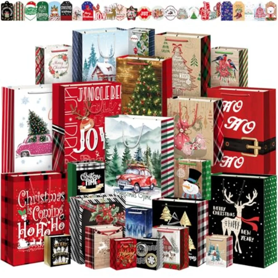 24 Pack Christmas Gift Bags Assorted Sizes with Handles and Tags - 6 Jumbo + 6 Large + 6 Medium + 6 Small Christmas Paper Bags
24 Pack Christmas Gift Bags Assorted Sizes with Handles and Tags - 6 Jumbo + 6 Large + 6 Medium + 6 Small Christmas Paper Bags