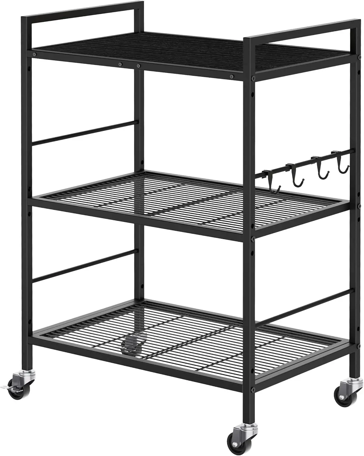 3-Tier Metal Storage Rack with Wheels, Adjustable Mesh Shelves, Wooden Top, Black – 23.6' W, 15.8' D, for Kitchen, Laundry, Pant
3-Tier Metal Storage Rack with Wheels, Adjustable Mesh Shelves, Wooden Top, Black – 23.6' W, 15.8' D, for Kitchen, Laundry, Pant
