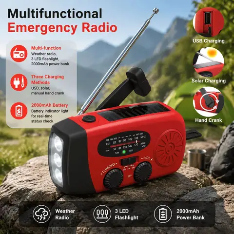 Portable Solar Hand Crank Emergency Radio 2000mAh Power Bank FM AM NOAA Weather Alert LED Flashlight Survival Kit Hurricane Supplies Emergency Preparedness for Home Blackout Severe Weather Camping Outdoor