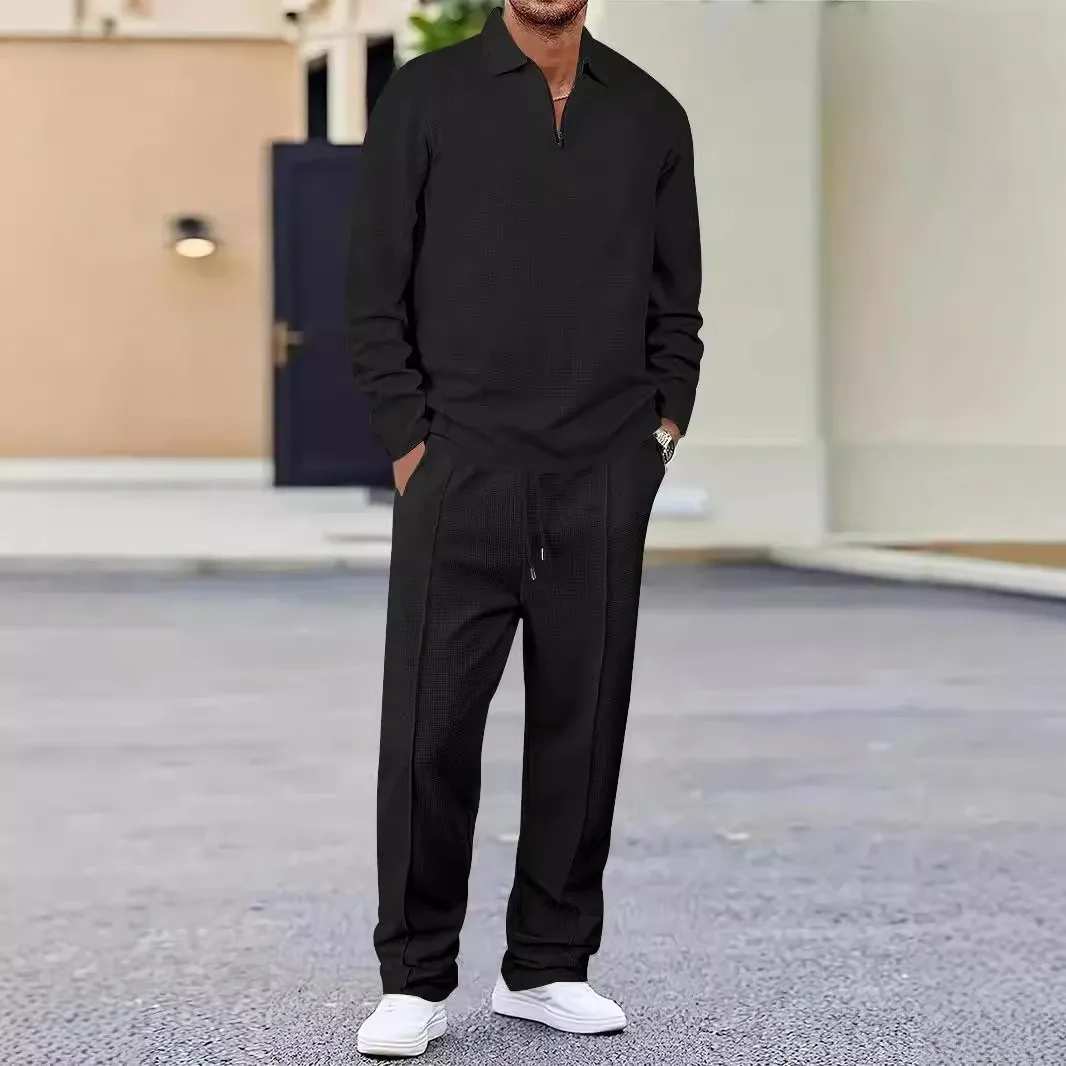 Men's new long-sleeved solid-color comfortable polo shirt with aturned-down collar and a half-zippered design + casual pants set
Men's new long-sleeved solid-color comfortable polo shirt with aturned-down collar and a half-zippered design + casual pants set