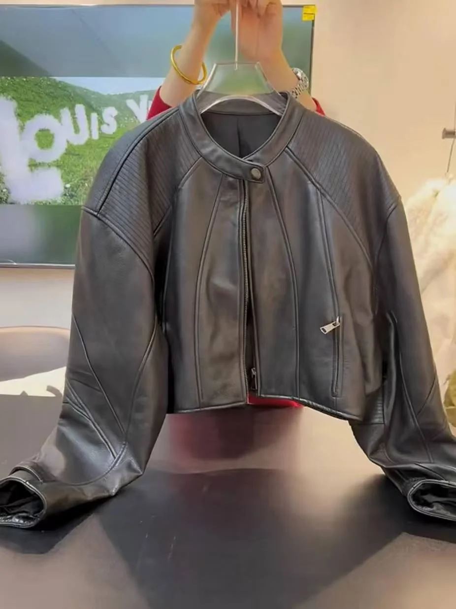 European Sle Genuine eepskin Leather Jaet Women's Small Size Spring New Zipper ort Loose Long Sve Trendy Coat
European Sle Genuine eepskin Leather Jaet Women's Small Size Spring New Zipper ort Loose Long Sve Trendy Coat