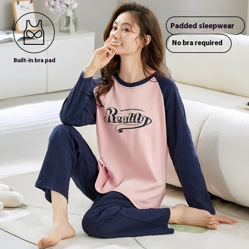 Spring autumn letter Print Pajamas Set with Chest Pad for Women thin cotton Long Sleeve Tops and Pants Sleepwear Female Homewear
Spring autumn letter Print Pajamas Set with Chest Pad for Women thin cotton Long Sleeve Tops and Pants Sleepwear Female Homewear