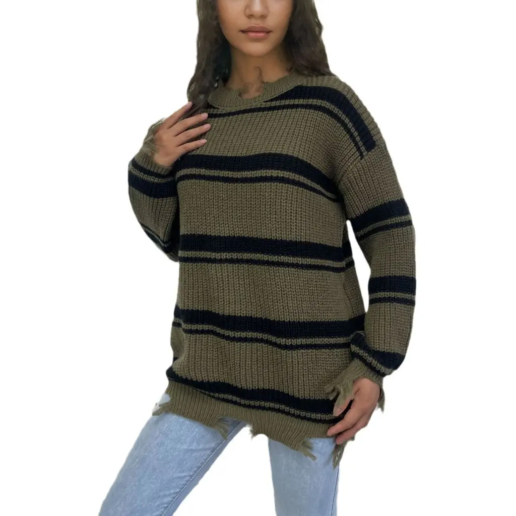 Autumn Winter Loose Crewneck Jacket Sweater Women's European American Style Broken Fringe Striped Open Cardigan 
Autumn Winter Loose Crewneck Jacket Sweater Women's European American Style Broken Fringe Striped Open Cardigan