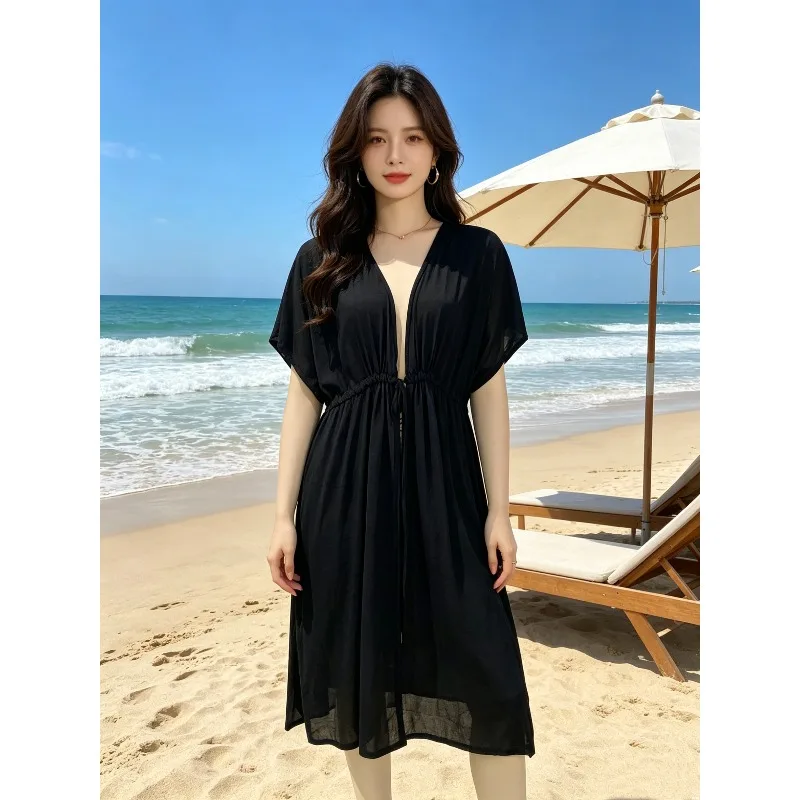 Women Black Swim Cover Up Open Front Drawstring Waist Long Kimono Short Sleeve Beach Bikini Cover Up Summer Vacation Dress
Women Black Swim Cover Up Open Front Drawstring Waist Long Kimono Short Sleeve Beach Bikini Cover Up Summer Vacation Dress