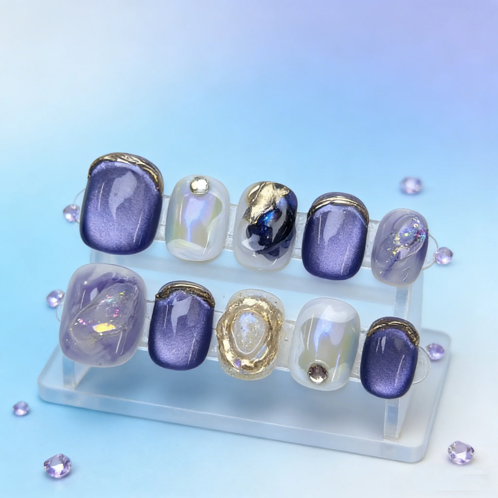 10Pcs Blue Gold Foil Handmade Nails 3D Gradient Strobe Cat's Eye Press on Nail Short Square Round Fake Nail for Women&Girl
10Pcs Blue Gold Foil Handmade Nails 3D Gradient Strobe Cat's Eye Press on Nail Short Square Round Fake Nail for Women&Girl