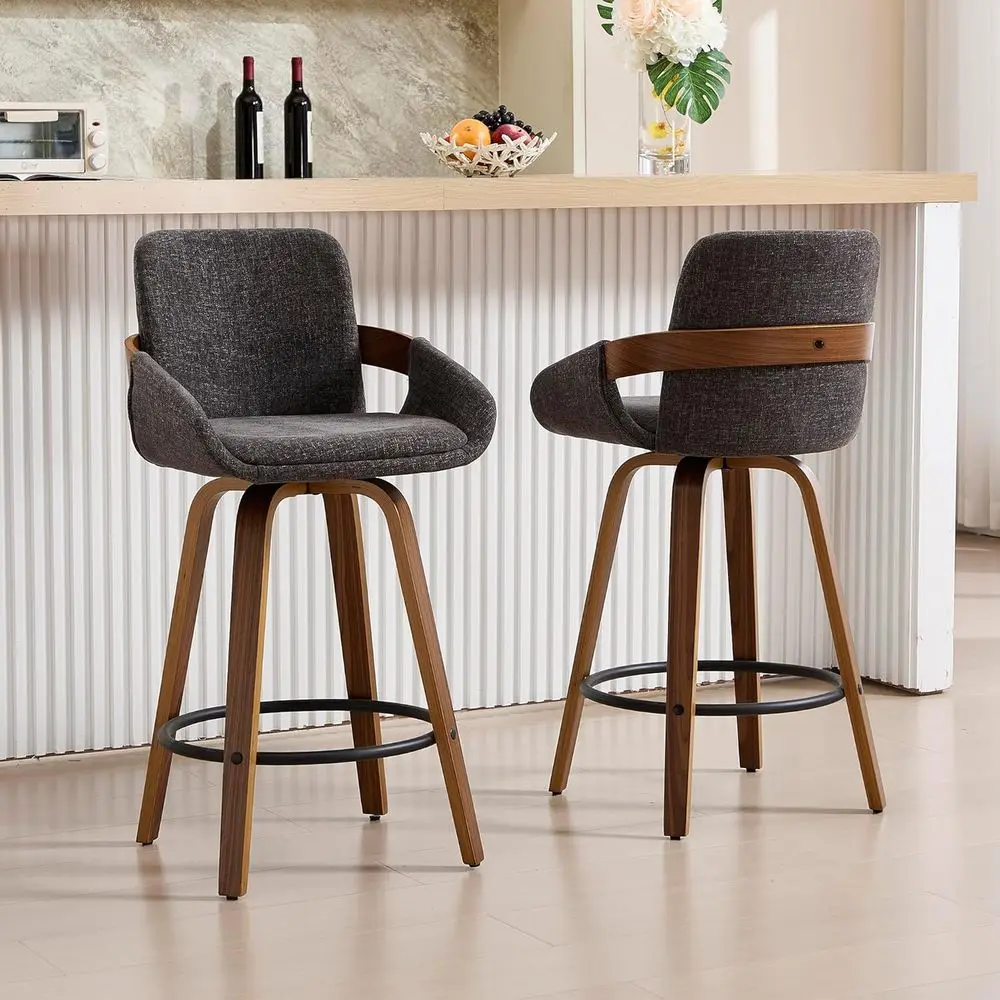 Set of 2, 26 Inch Swivel Bar Stools in Walnut Wood and Charcoal Grey Fabric, Comfortable for Kitchen, Bar, or Dining Area
Set of 2, 26 Inch Swivel Bar Stools in Walnut Wood and Charcoal Grey Fabric, Comfortable for Kitchen, Bar, or Dining Area