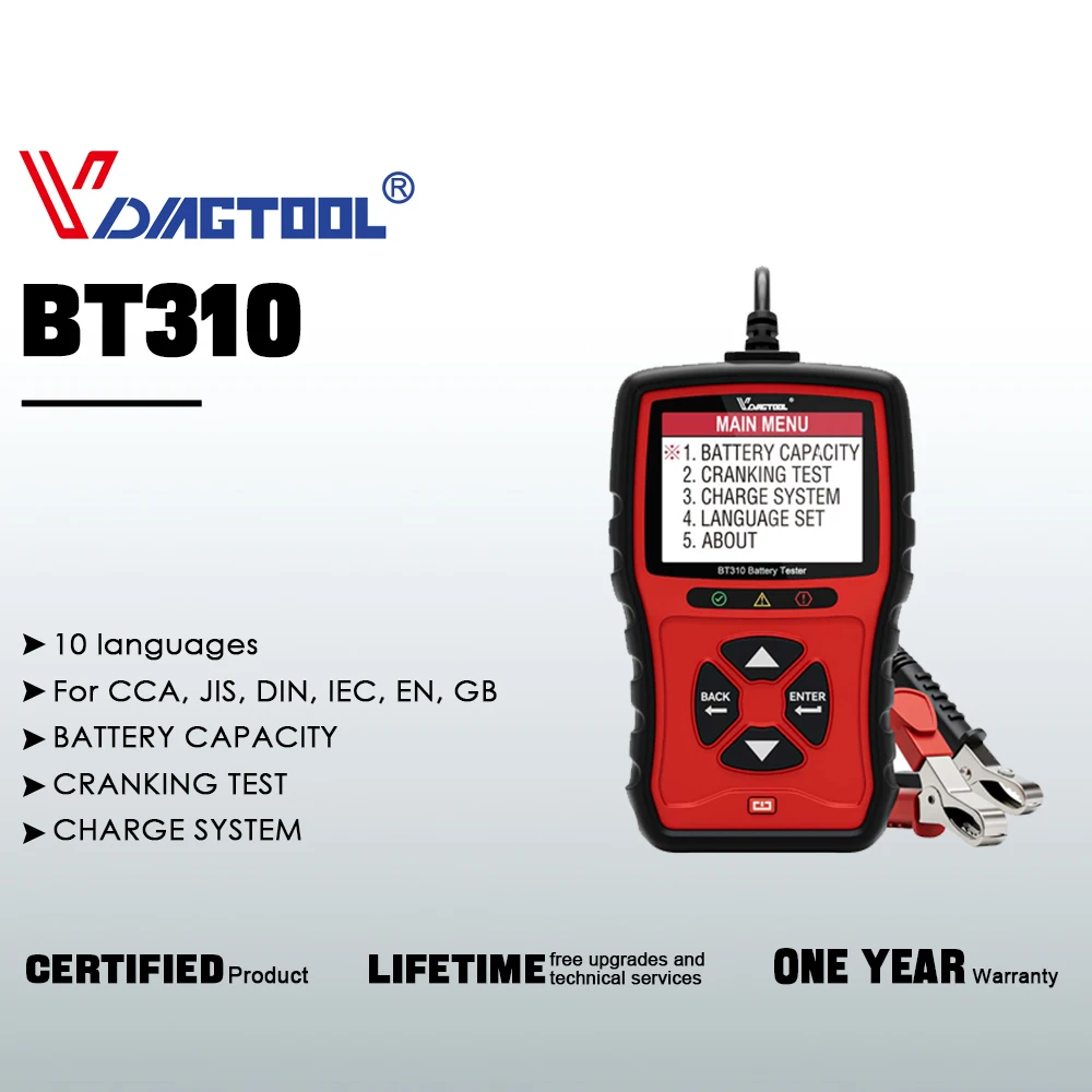 VDIAGTOOL BT310 12V/24V Car Battery Tester Cranking/Charging Test Battery Monitor 14 Languages Battery Tool Lifetime Free Update
VDIAGTOOL BT310 12V/24V Car Battery Tester Cranking/Charging Test Battery Monitor 14 Languages Battery Tool Lifetime Free Update