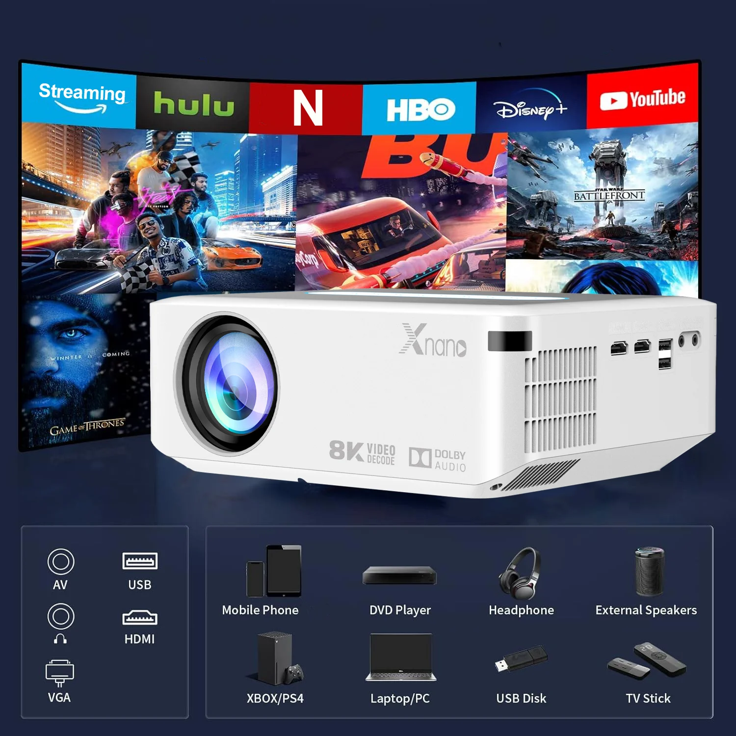 Xnano 8K проектор 1080P Android 9 350ANSI Dolby Mobile Dual Wi-Fi6 BT5.0 с автофокусом портативный уличный кинотеатр умный проектор
Xnano 8K проектор 1080P Android 9 350ANSI Dolby Mobile Dual Wi-Fi6 BT5.0 с автофокусом портативный уличный кинотеатр умный проектор