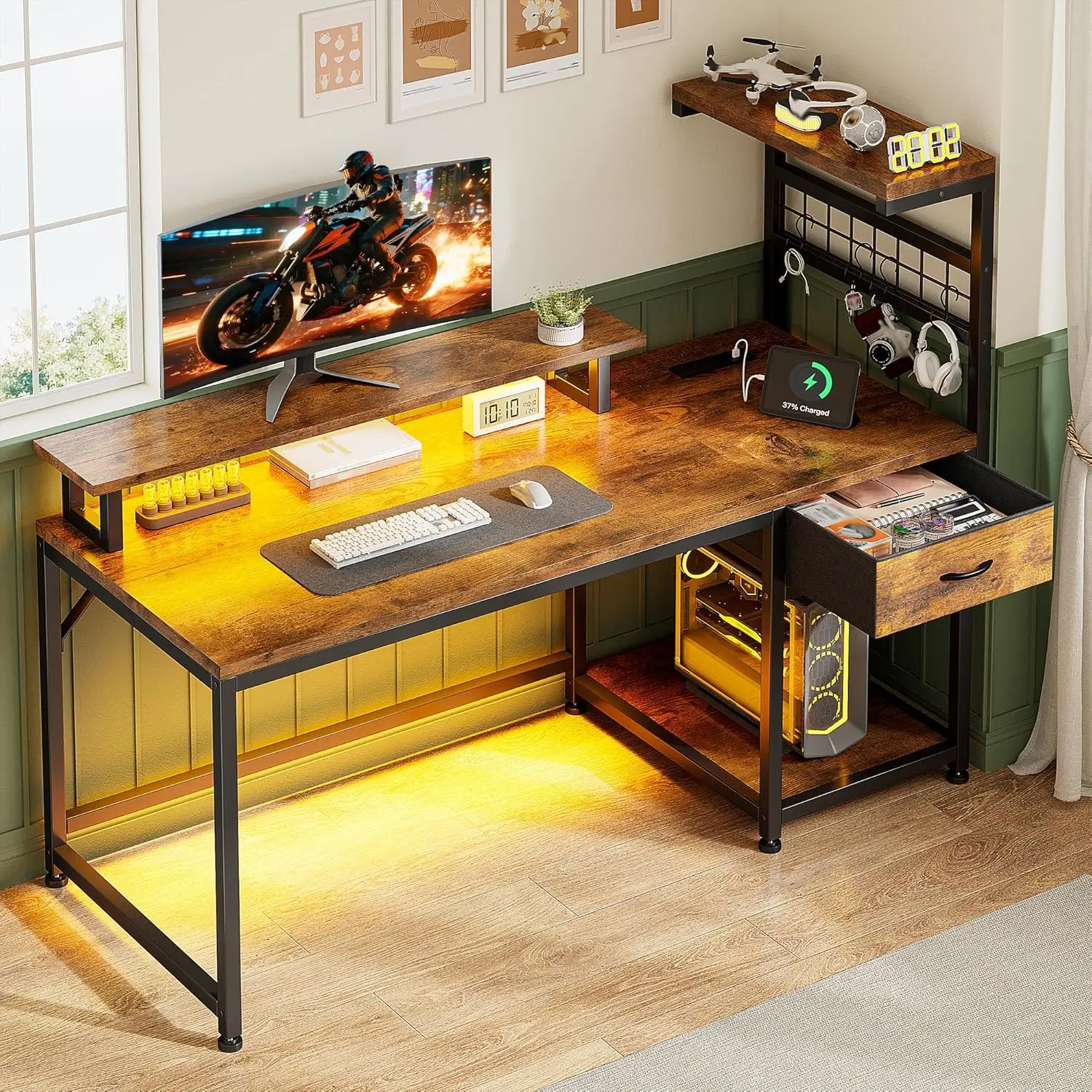 48" Desk with Outlets LED Lights Drawer Shelves Reversible Monitor Stand Home Office Gaming Living Study Room Brown, Customized
48" Desk with Outlets LED Lights Drawer Shelves Reversible Monitor Stand Home Office Gaming Living Study Room Brown, Customized