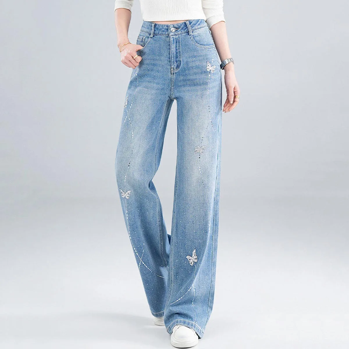 Light Blue Butterfly Diamond Wide Leg Jeans for Women 2026 New Spring Summer High Waist Loose Straight Denim Trousers
Light Blue Butterfly Diamond Wide Leg Jeans for Women 2026 New Spring Summer High Waist Loose Straight Denim Trousers
