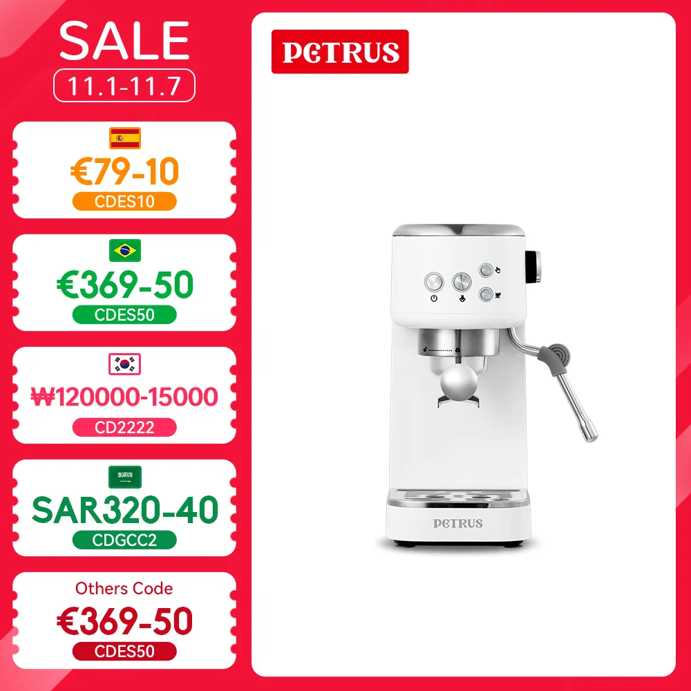 Petrus Coffee Machine Compact Espresso Maker with Milk Frother Steam 1.3L Removable Water Tank for Cappuccino, Latte, Gift for D
Petrus Coffee Machine Compact Espresso Maker with Milk Frother Steam 1.3L Removable Water Tank for Cappuccino, Latte, Gift for D