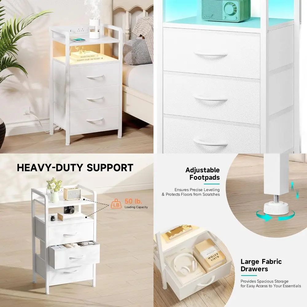 Белая тумбочка для спальни с USB-зарядкой, светодиодной подсветкой и ящиками для хранения вещей
Белая тумбочка для спальни с USB-зарядкой, светодиодной подсветкой и ящиками для хранения вещей