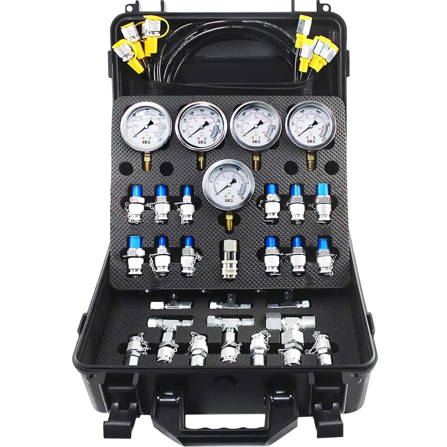 Hydraulic Pressure Test Kit, 10/100/250/400/600bar, 5 Gauges 13 Test Couplings 14 Tee Connectors 5 Test Hoses,
Hydraulic Pressure Test Kit, 10/100/250/400/600bar, 5 Gauges 13 Test Couplings 14 Tee Connectors 5 Test Hoses,