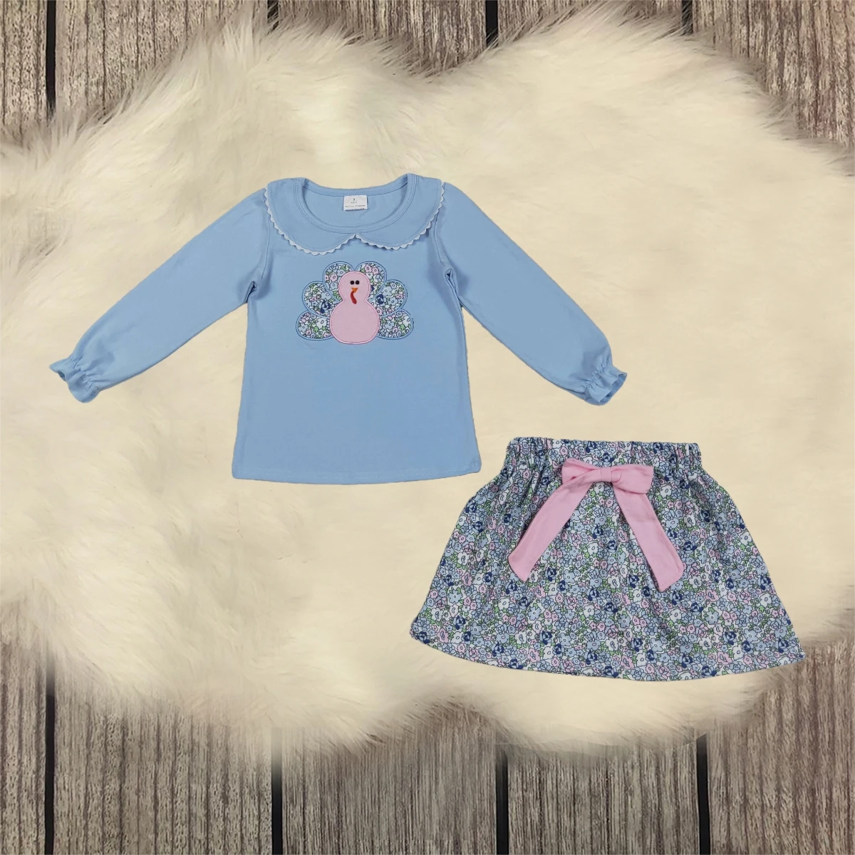 Toddler Thanksgiving Set Girl Blue Long Sleeves Embroidery turkey Floral Skirt Outfit Children Baby Kids Clothes Wholesale
Toddler Thanksgiving Set Girl Blue Long Sleeves Embroidery turkey Floral Skirt Outfit Children Baby Kids Clothes Wholesale