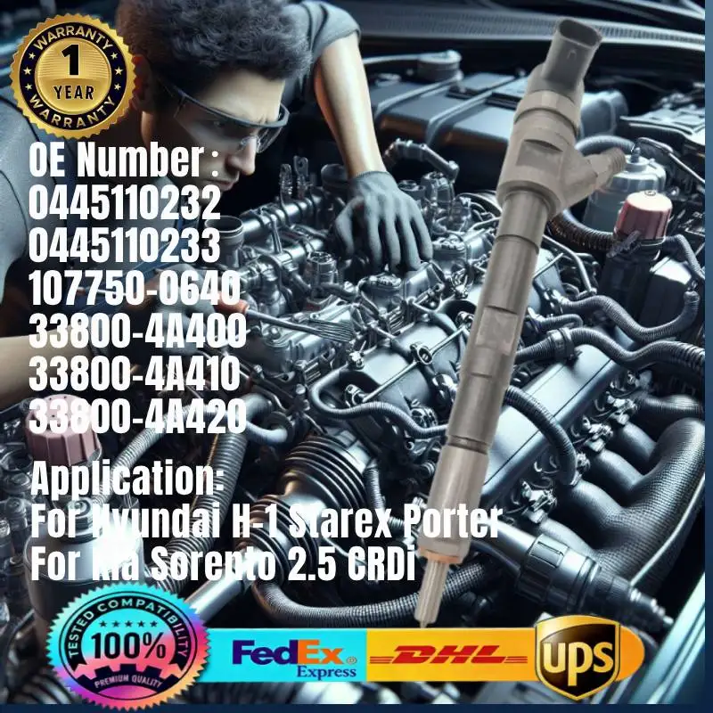 0445110232 0445110233 107750-0640 33800-4A400 Common Rail Fuel Injector for Hyundai H1 Starex Porter Kia Sorento 2.5 CRDi Engine
0445110232 0445110233 107750-0640 33800-4A400 Common Rail Fuel Injector for Hyundai H1 Starex Porter Kia Sorento 2.5 CRDi Engine