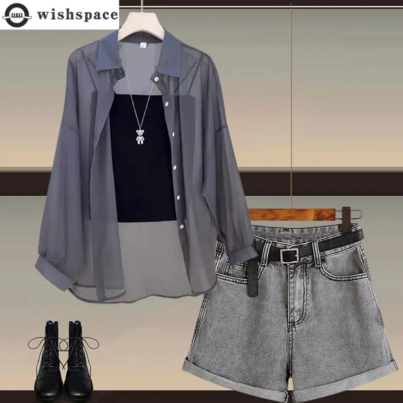 Summer Set Women's 2024 New Casual Sunscreen Chiffon Shirt with Slimming Slimming Slim Denim Shorts Three Piece Set
Summer Set Women's 2024 New Casual Sunscreen Chiffon Shirt with Slimming Slimming Slim Denim Shorts Three Piece Set