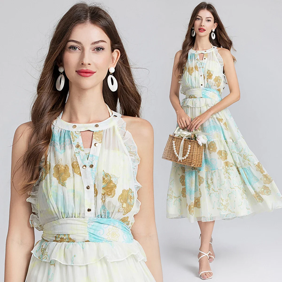 Socialite temperament suspender gold strip hanging neck dress+strapless suspender two-piece set summer dress streetwear
Socialite temperament suspender gold strip hanging neck dress+strapless suspender two-piece set summer dress streetwear