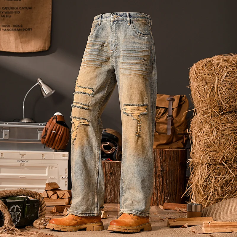 Retro distressed ripped jeans men's loose straight leg trendy fashion clothing street nostalgia yellow mud dyed pants
Retro distressed ripped jeans men's loose straight leg trendy fashion clothing street nostalgia yellow mud dyed pants
