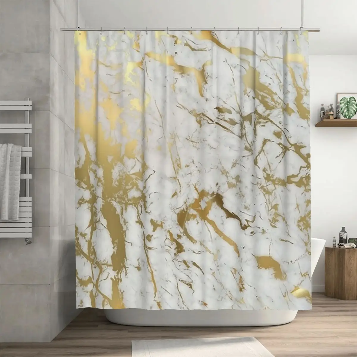 Золотистый мрамор на белом фоне (оригинальная высококачественная печать) – шторка для душа из полиэстера, водонепроницаемая, с крючками.
Золотистый мрамор на белом фоне (оригинальная высококачественная печать) – шторка для душа из полиэстера, водонепроницаемая, с крючками.